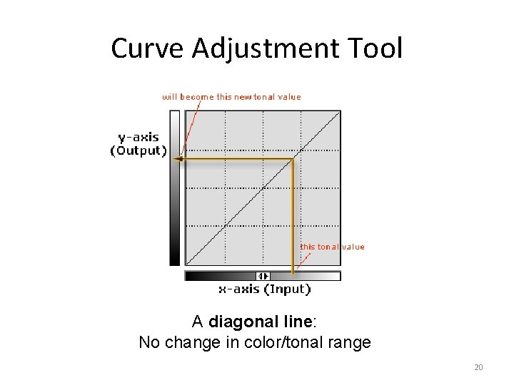 Curve Adjustment Tool A diagonal line: No change in color/tonal range 20 