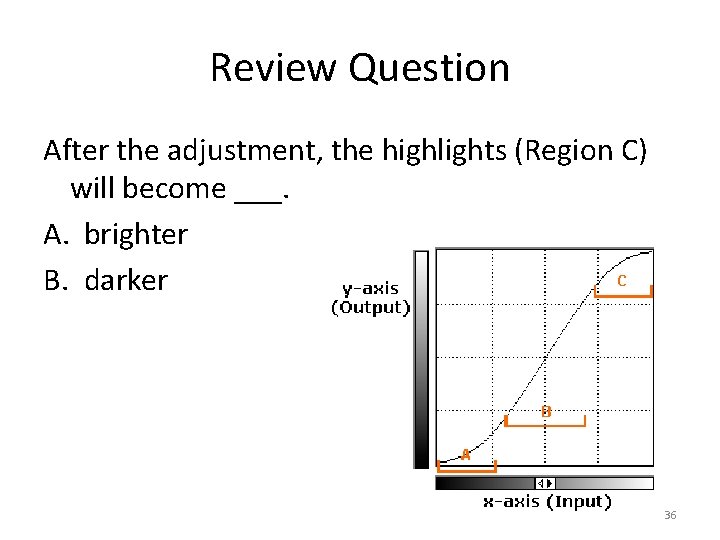 Review Question After the adjustment, the highlights (Region C) will become ___. A. brighter