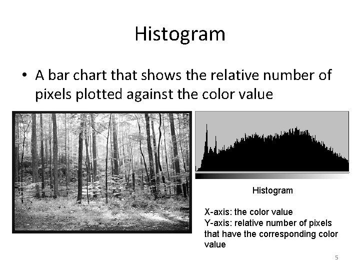 Histogram • A bar chart that shows the relative number of pixels plotted against