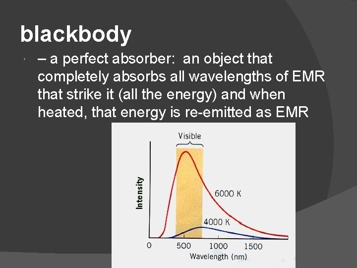 blackbody – a perfect absorber: an object that completely absorbs all wavelengths of EMR