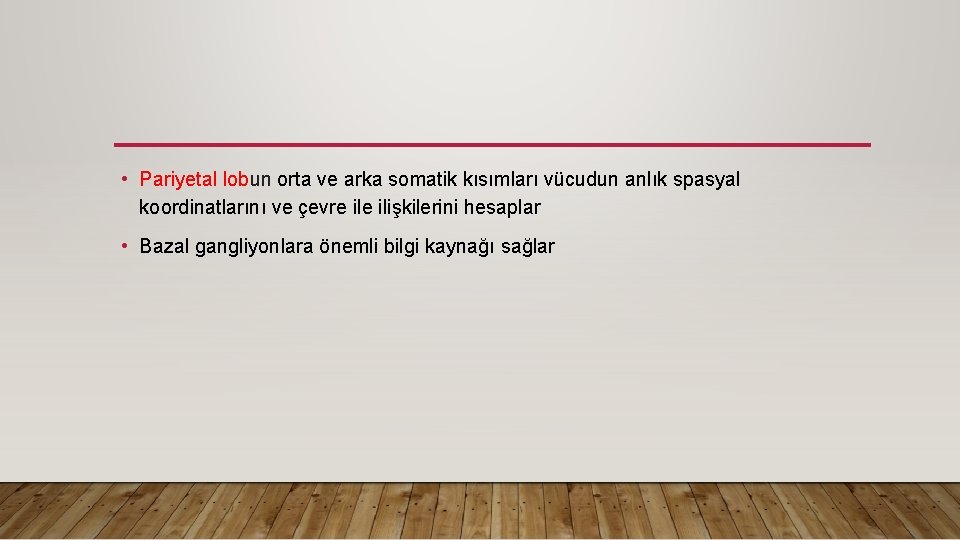  • Pariyetal lobun orta ve arka somatik kısımları vücudun anlık spasyal koordinatlarını ve