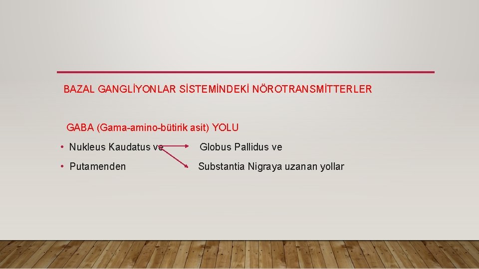 BAZAL GANGLİYONLAR SİSTEMİNDEKİ NÖROTRANSMİTTERLER GABA (Gama-amino-bütirik asit) YOLU • Nukleus Kaudatus ve Globus Pallidus