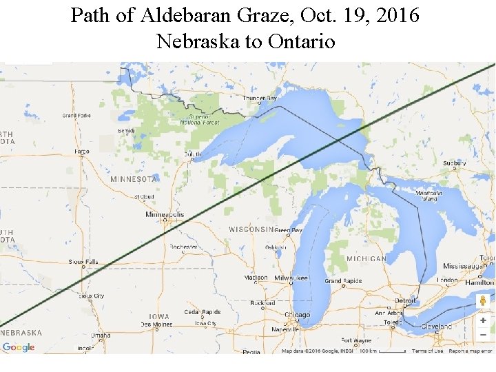 Path of Aldebaran Graze, Oct. 19, 2016 Nebraska to Ontario 