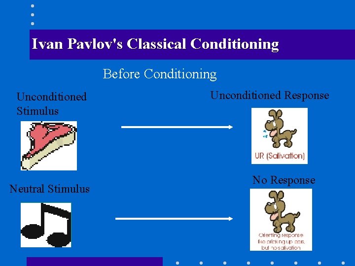 Ivan Pavlov's Classical Conditioning Before Conditioning Unconditioned Stimulus Neutral Stimulus Unconditioned Response No Response