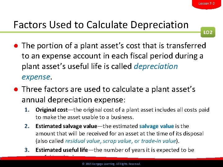 Lesson 7 -2 Factors Used to Calculate Depreciation LO 2 ● The portion of Lesson 7 -2 Factors Used to Calculate Depreciation LO 2 ● The portion of