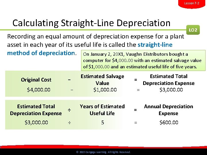 Lesson 7 -2 Calculating Straight-Line Depreciation Recording an equal amount of depreciation expense for Lesson 7 -2 Calculating Straight-Line Depreciation Recording an equal amount of depreciation expense for