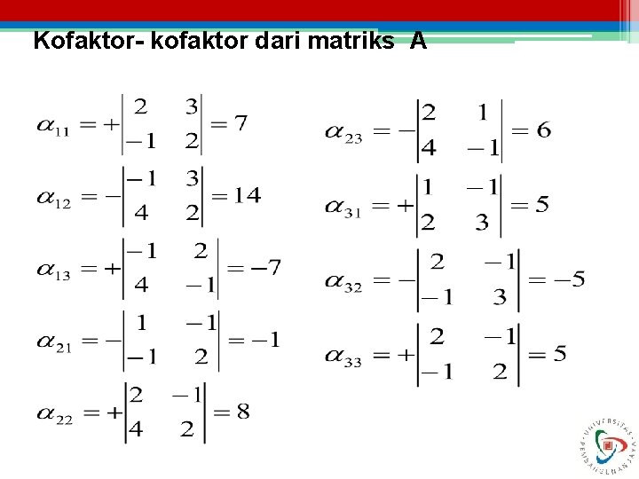 Kofaktor- kofaktor dari matriks A 