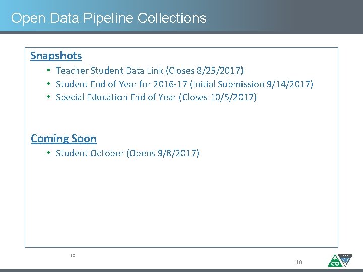 Open Data Pipeline Collections Snapshots • Teacher Student Data Link (Closes 8/25/2017) • Student