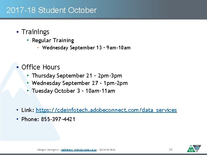 2017 -18 Student October • Trainings • Regular Training • Wednesday September 13 –