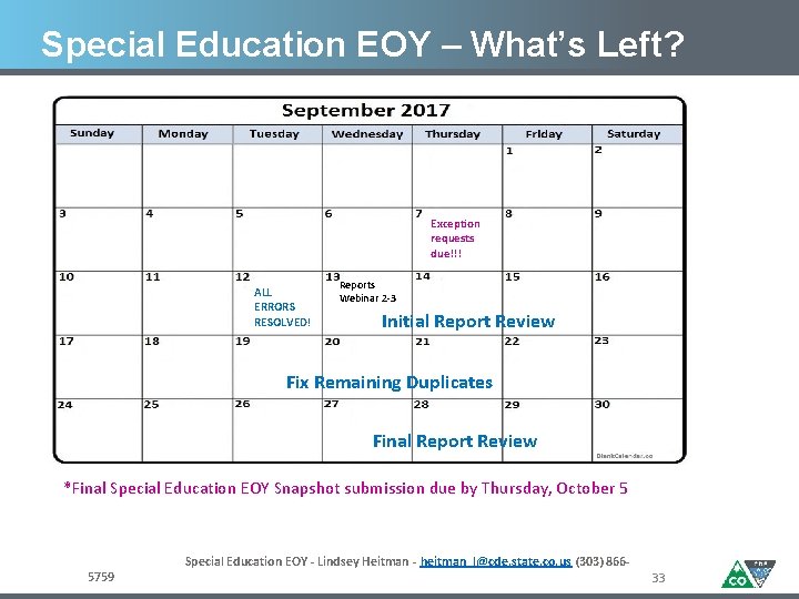Special Education EOY – What’s Left? Exception requests due!!! ALL ERRORS RESOLVED! Reports Webinar