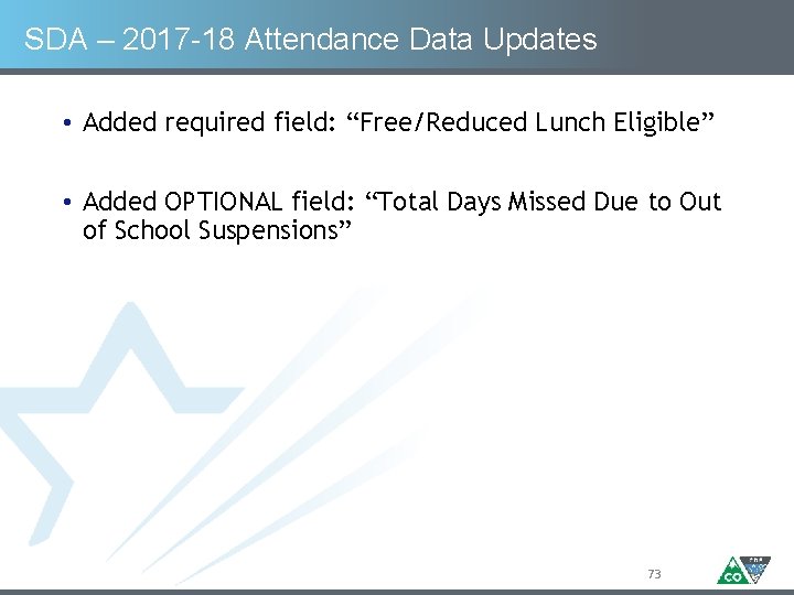 SDA – 2017 -18 Attendance Data Updates • Added required field: “Free/Reduced Lunch Eligible”