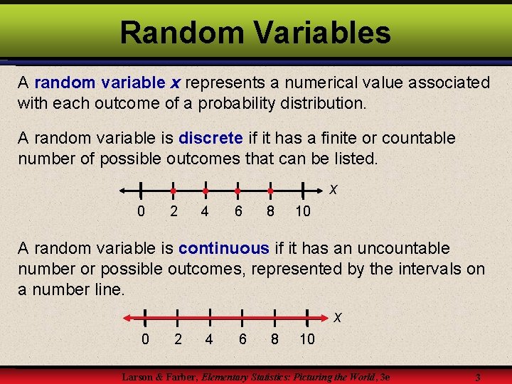 Random Variables A random variable x represents a numerical value associated with each outcome