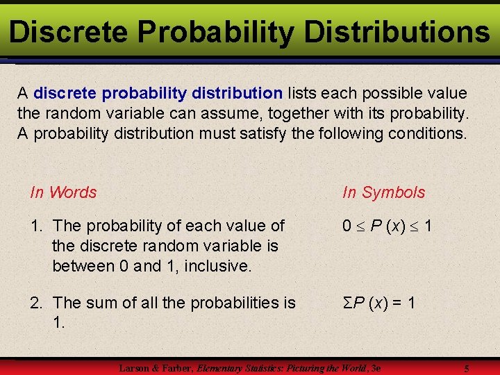 Discrete Probability Distributions A discrete probability distribution lists each possible value the random variable