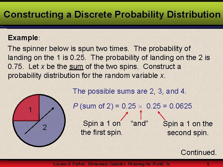 Constructing a Discrete Probability Distribution Example: The spinner below is spun two times. The Constructing a Discrete Probability Distribution Example: The spinner below is spun two times. The