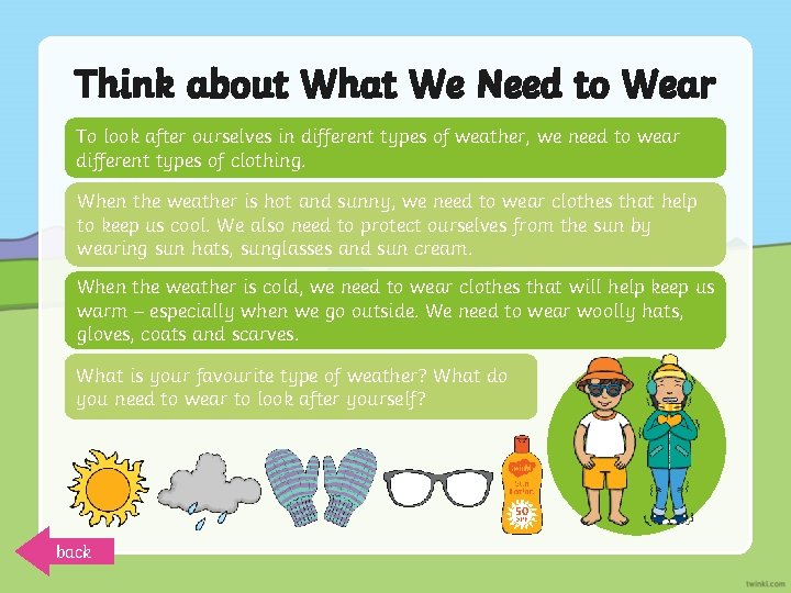 Think about What We Need to Wear To look after ourselves in different types