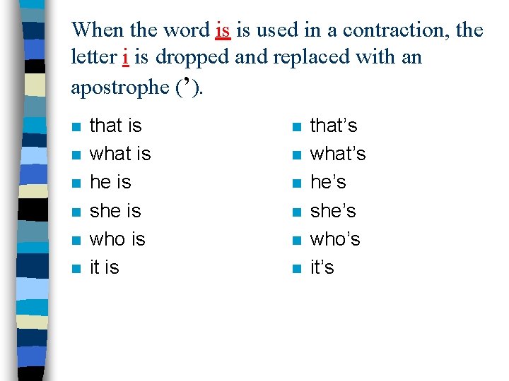 When the word is is used in a contraction, the letter i is dropped