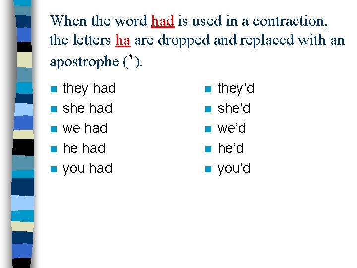 When the word had is used in a contraction, the letters ha are dropped
