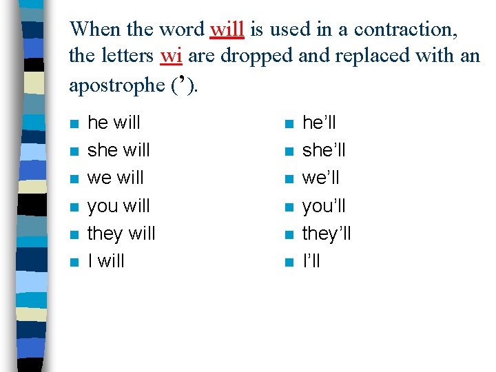 When the word will is used in a contraction, the letters wi are dropped