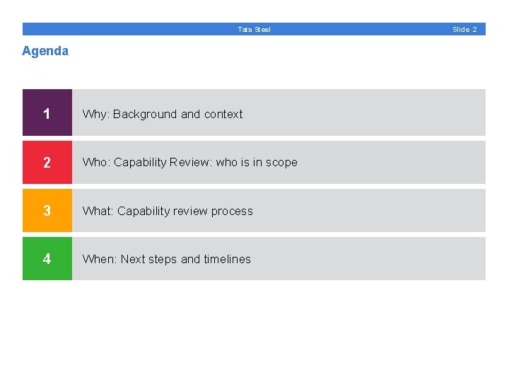 Tata Steel Agenda 1 Why: Background and context 2 Who: Capability Review: who is