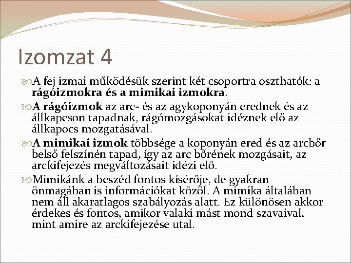 Izomzat 4 A fej izmai működésük szerint két csoportra oszthatók: a rágóizmokra és a