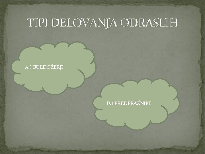 TIPI DELOVANJA ODRASLIH A. ) BULDOŽERJI B. ) PREDPRAŽNIKI 