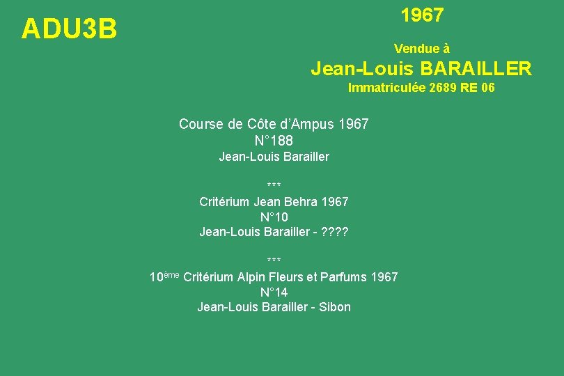 1967 ADU 3 B Vendue à Jean-Louis BARAILLER Immatriculée 2689 RE 06 Course de