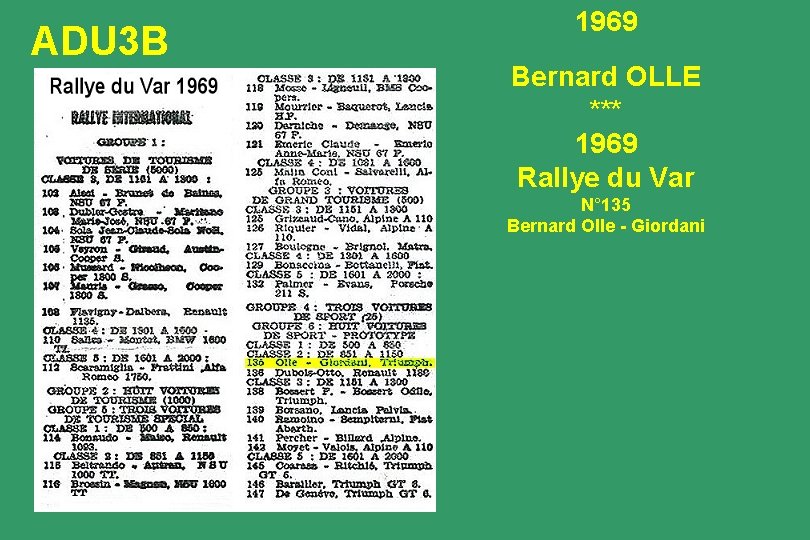 ADU 3 B 1969 Bernard OLLE *** 1969 Rallye du Var N° 135 Bernard