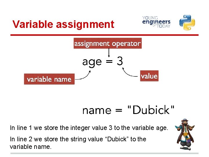Variable assignment In line 1 we store the integer value 3 to the variable