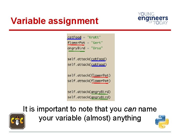 Variable assignment It is important to note that you can name your variable (almost)