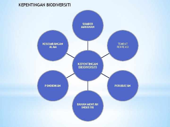 KEPENTINGAN BIODIVERSITI SUMBER MAKANAN KESEIMBANGAN ALAM TEMPAT REKREASI KEPENTINGAN BIODIVERSITI PENDIDIKAN PERUBATAN BAHAN MENTAH