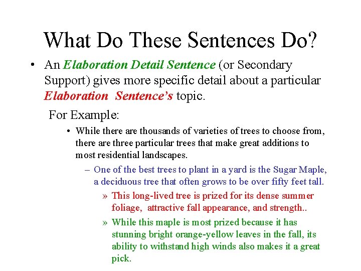 What Do These Sentences Do? • An Elaboration Detail Sentence (or Secondary Support) gives