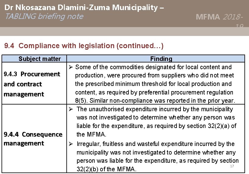 Dr Nkosazana Dlamini-Zuma Municipality – TABLING briefing note MFMA 2018 - 19 9. 4