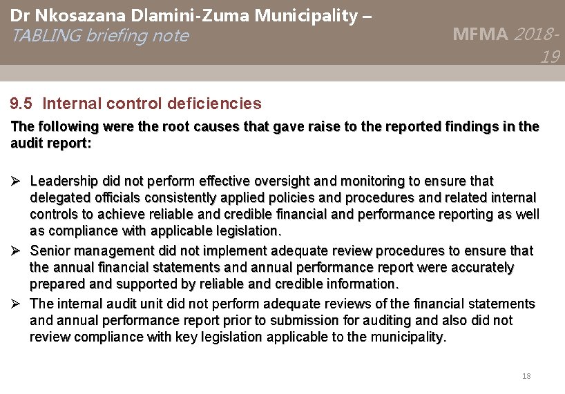 Dr Nkosazana Dlamini-Zuma Municipality – TABLING briefing note MFMA 2018 - 19 9. 5