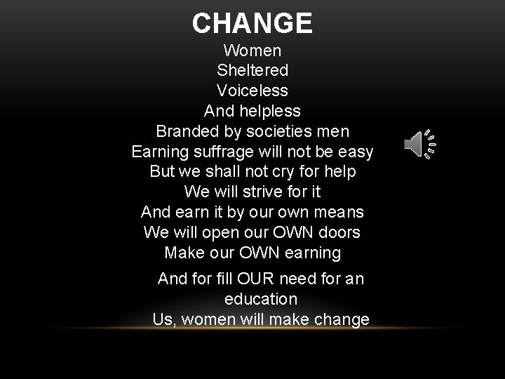 CHANGE Women Sheltered Voiceless And helpless Branded by societies men Earning suffrage will not