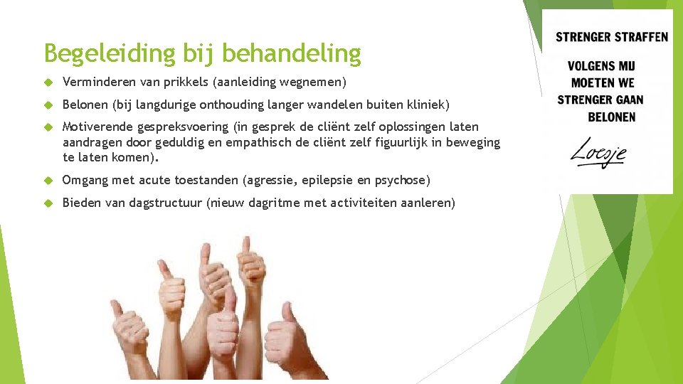 Begeleiding bij behandeling Verminderen van prikkels (aanleiding wegnemen) Belonen (bij langdurige onthouding langer wandelen