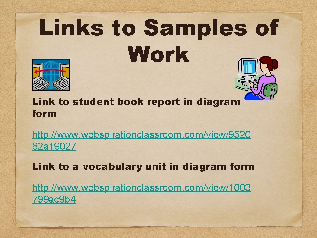 Links to Samples of Work Link to student book report in diagram form http: