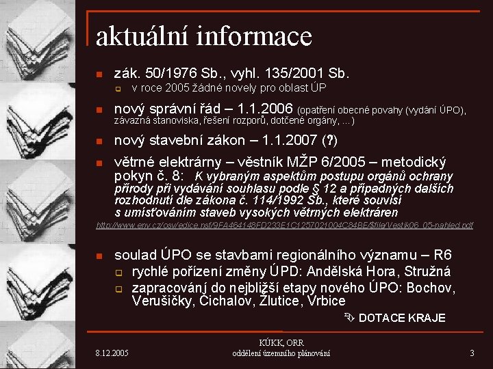 aktuální informace n zák. 50/1976 Sb. , vyhl. 135/2001 Sb. q v roce 2005