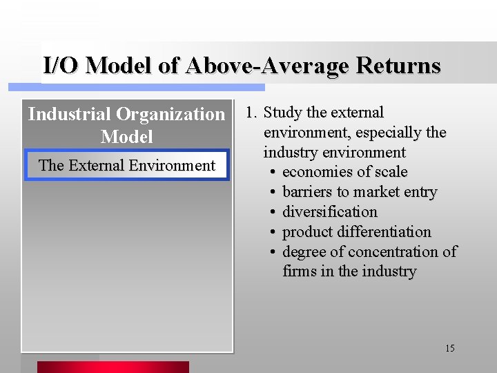 I/O Model of Above-Average Returns Industrial Organization 1. Study the external environment, especially the