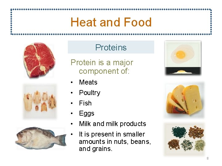 Heat and Food Proteins Protein is a major component of: • Meats • Poultry