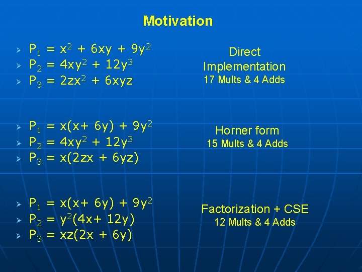 Motivation Ø Ø Ø Ø Ø P 1 = x 2 + 6 xy