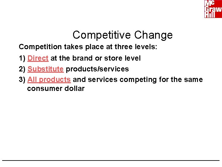 Competitive Change Competition takes place at three levels: 1) Direct at the brand or