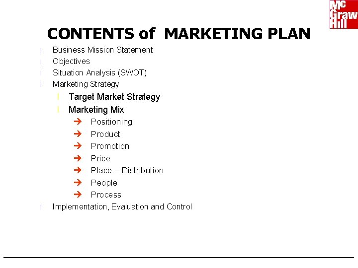 CONTENTS of MARKETING PLAN l l Business Mission Statement Objectives Situation Analysis (SWOT) Marketing
