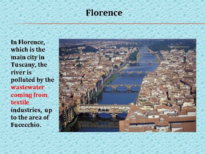 Florence In Florence, which is the main city in Tuscany, the river is polluted