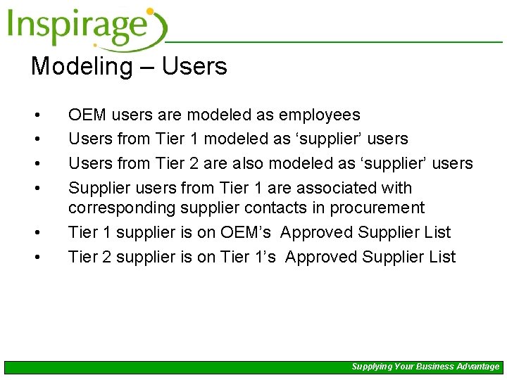 Modeling – Users • • • OEM users are modeled as employees Users from