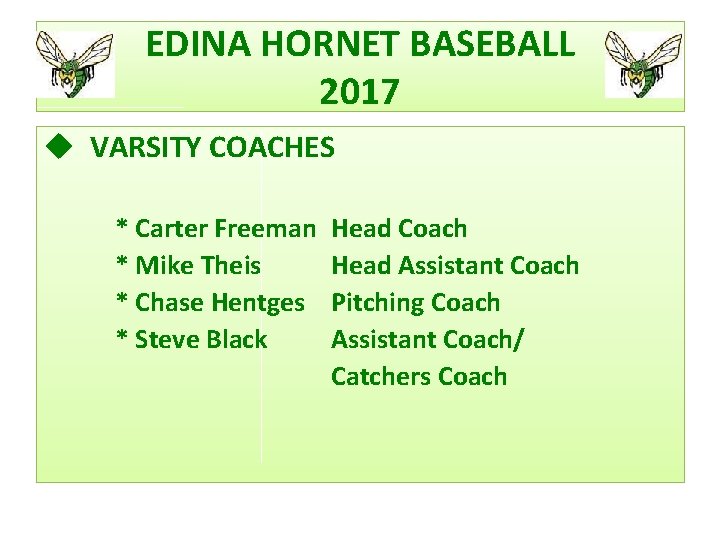 EDINA HORNET BASEBALL 2017 u VARSITY COACHES * Carter Freeman * Mike Theis *