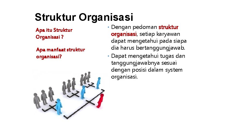 Struktur Organisasi Apa itu Struktur Organisasi ? Apa manfaat struktur organisasi? • Dengan pedoman