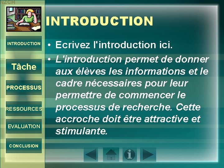 NZCH INTRODUCTION Tâche PROCESSUS RESSOURCES EVALUATION CONCLUSION • Ecrivez l'introduction ici. • L'introduction permet