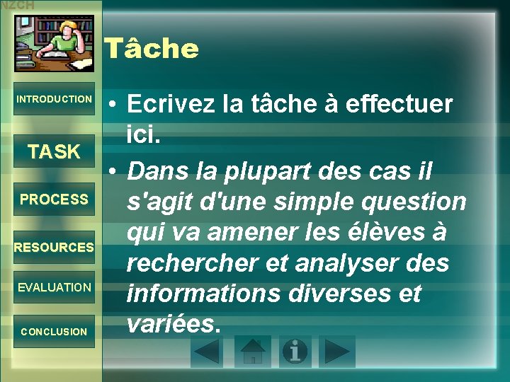 NZCH Tâche INTRODUCTION TASK PROCESS RESOURCES EVALUATION CONCLUSION • Ecrivez la tâche à effectuer