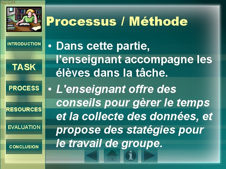 NZCH Processus / Méthode INTRODUCTION TASK PROCESS RESOURCES EVALUATION CONCLUSION • Dans cette partie,