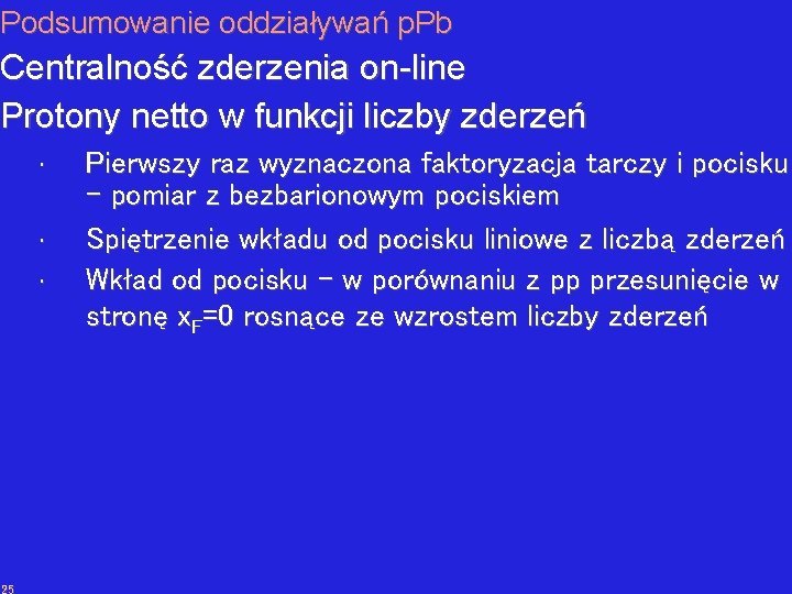 Podsumowanie oddziaływań p. Pb Centralność zderzenia on-line Protony netto w funkcji liczby zderzeń •